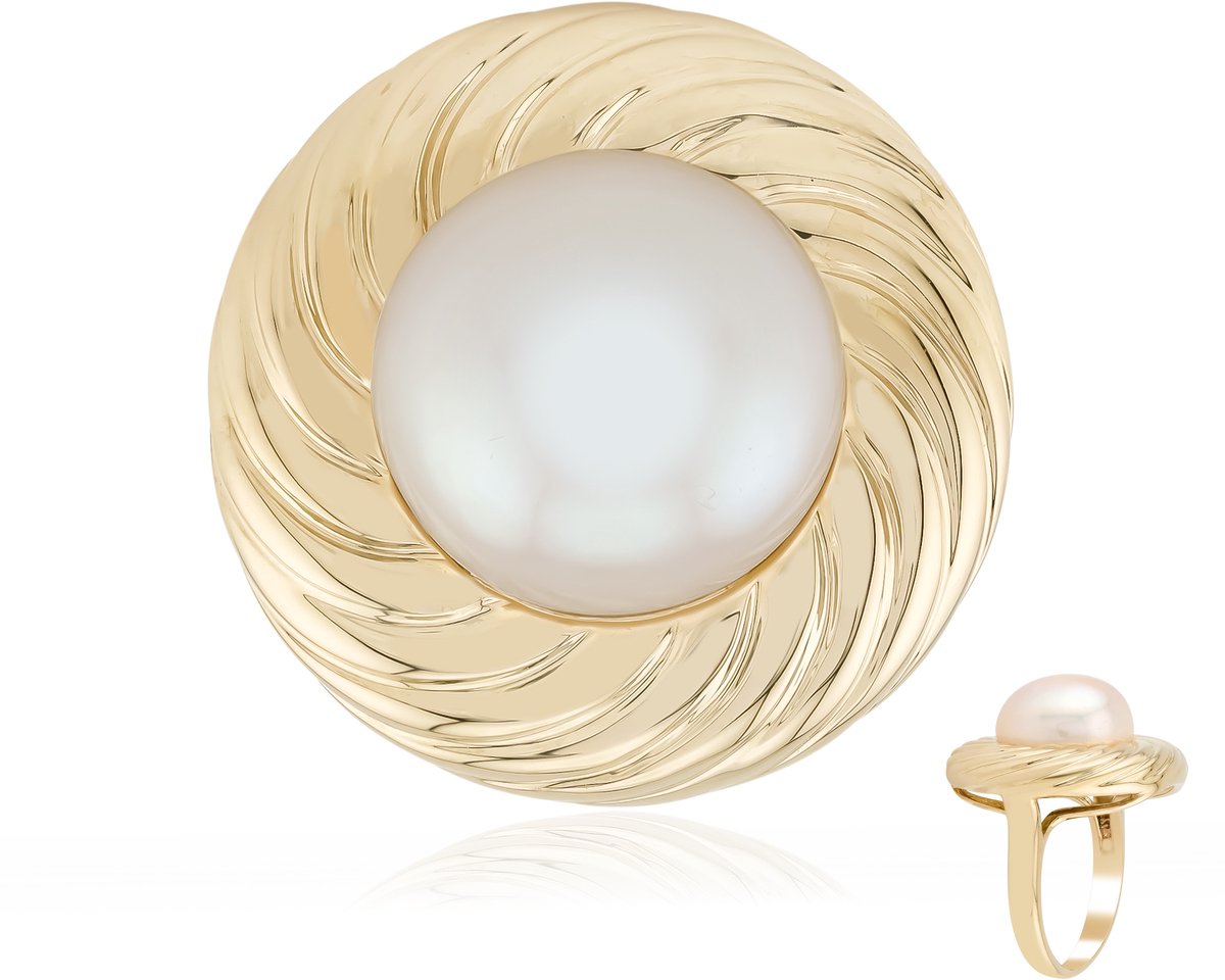 Cavill - Zilveren ring - 925 Sterling Zilver Geelgoudverguld - Witte Zoetwater Kweekparel 12mm Ronde Parel - Elegante Parelring Handgemaakt
