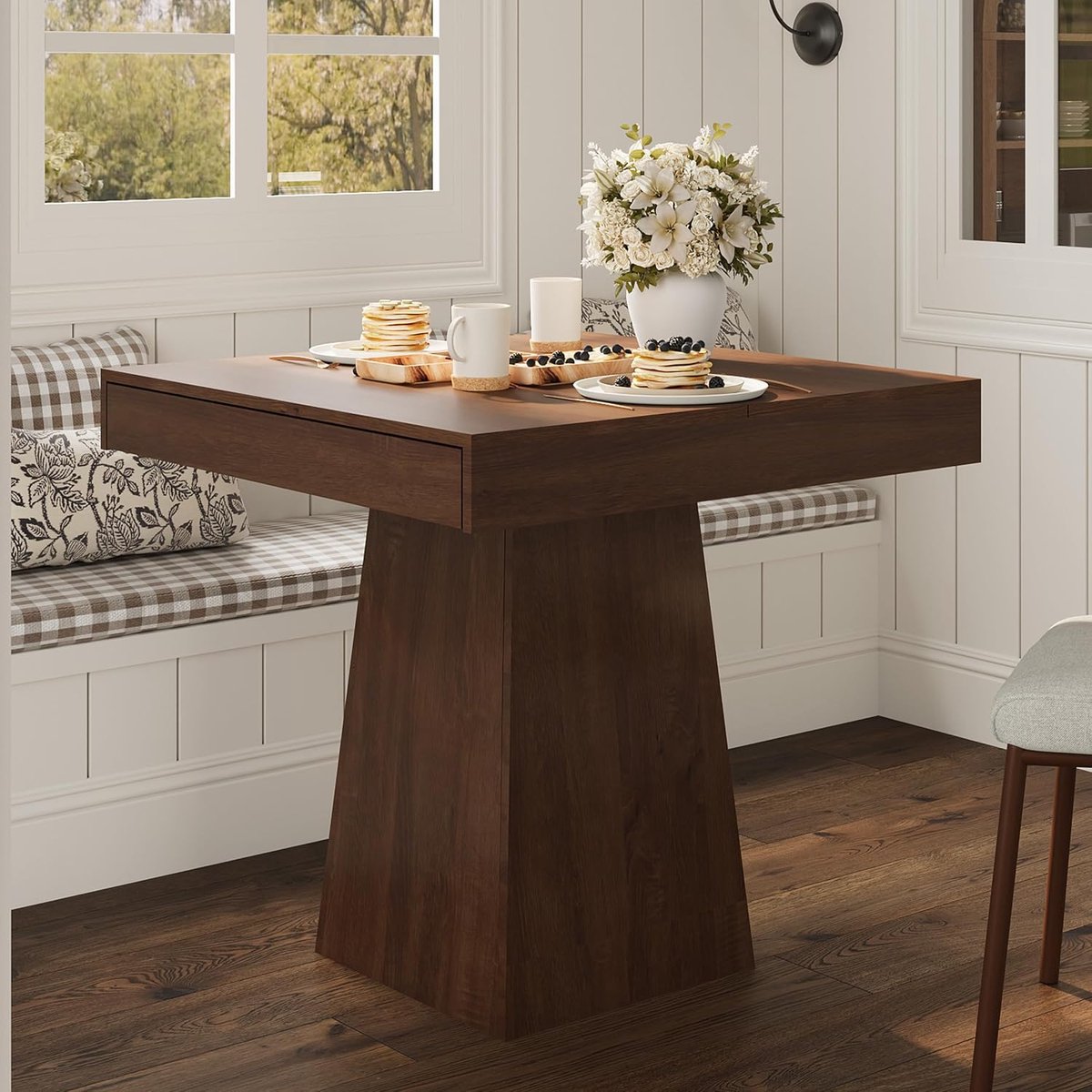 Moderne eettafel - Keukentafel in landhuisstijl - Vierkante eettafel - Ingebouwde lades - Ruimtebesparende opbergruimte - 80×80×75 cm - Bruin