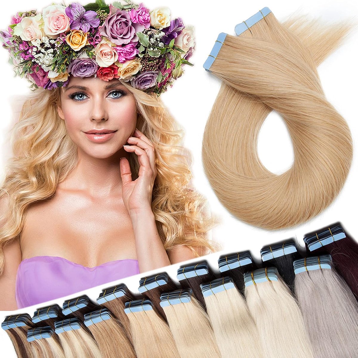 Tape in extensions 100% remy haar - middelblond #24 - 20" (50cm) - eenvoudig te bevestigen - 40 stuks + 10 gratis tapes - ShopVlot