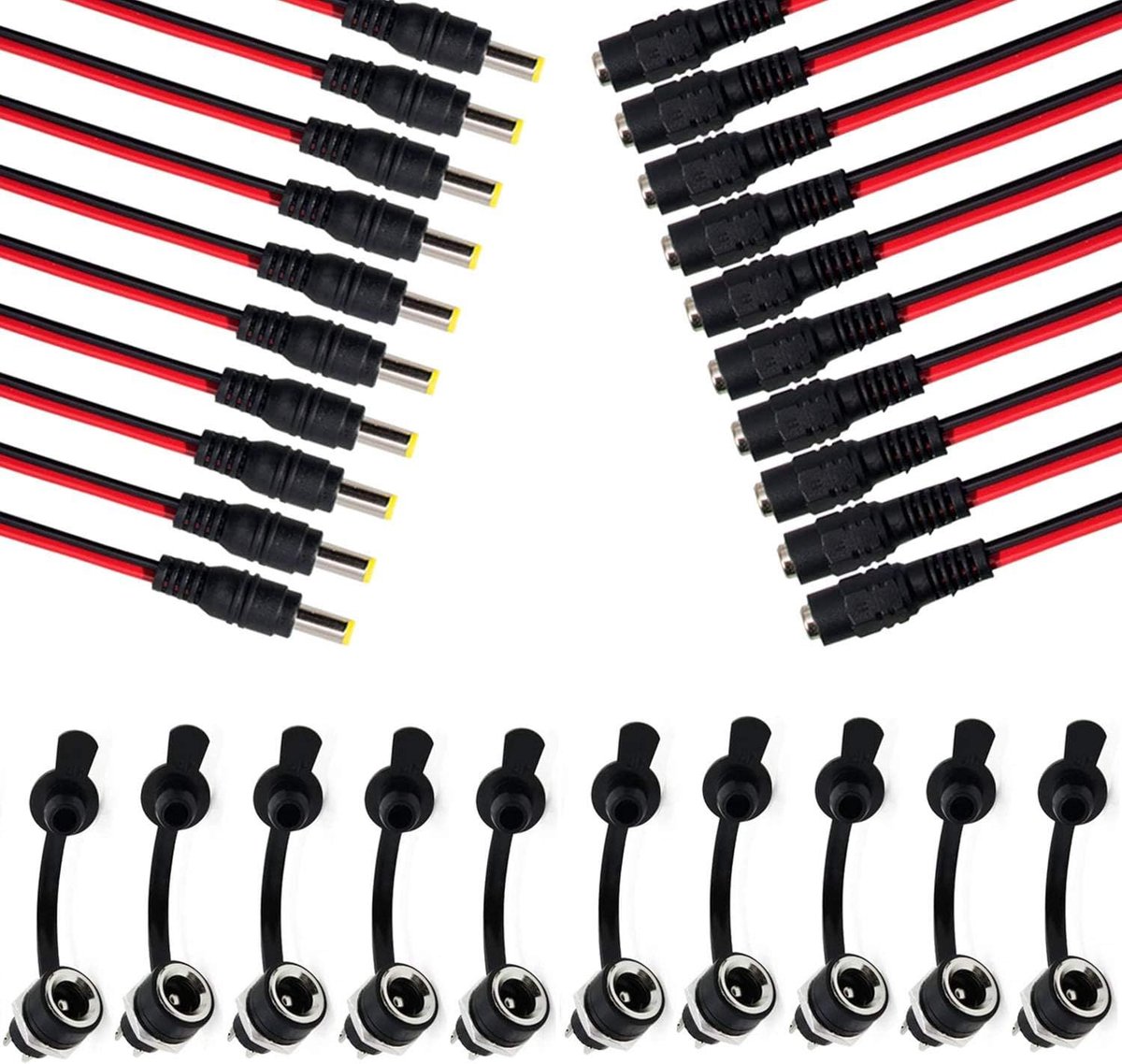 SnelShoppen - 5.5mm x 2.1mm DC Connector Kabel, Mannen en Vrouwen Pigtail Verbinding, Laag Voltage Plug, 10x 2 Pin DC Paneel Montage Adapter met Stofd