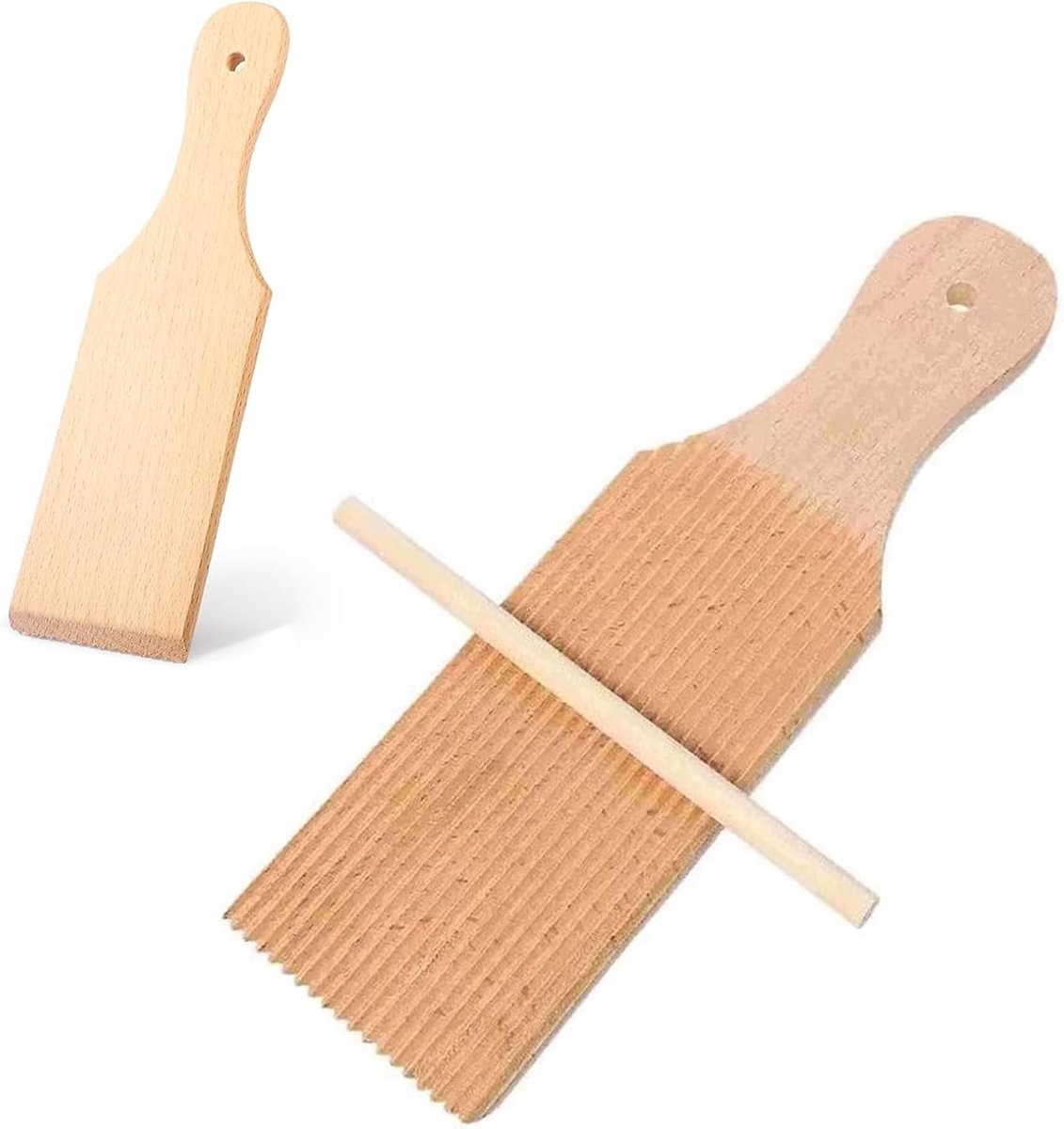 Traditionele houten gnocchi plank met roller en paddle, ideaal voor het maken van zelfgemaakte pasta en gnocchi, inclusief accessoires voor pasta bereiding
