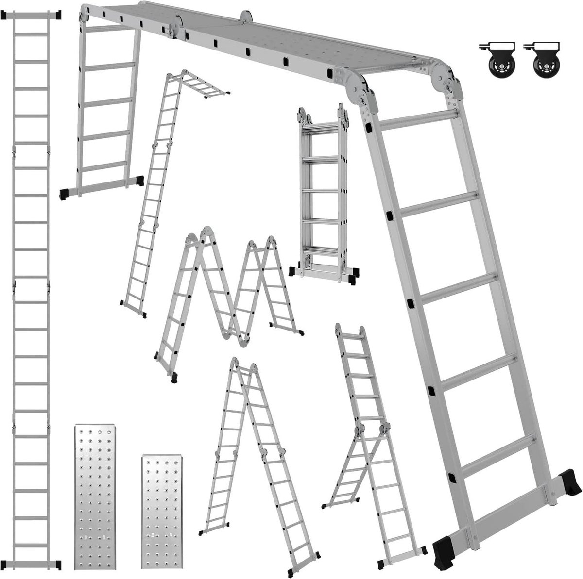 Multifunctionele Ladder - Vouwladder Scharnierladder - Veelzijdig Klussen - 7-in-1 Configuratie - 5.82 Meter Hoog - Zilver