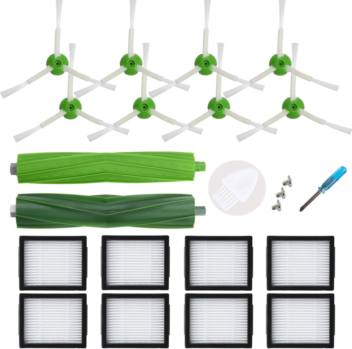 SnelShoppen - Vervangaccessoires voor iRobot Roomba E & I Series - 8 Filters, 8 Zijborstels, 1 Rubberborstel, 1 Filterreinigingsborstel, 1 Schroevendr