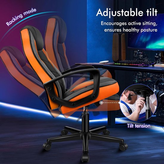 Gaming Stoel - Computer Stoel - Langdurig Zitten - Ergonomisch Ontwerp - 70 cm Diep - Oranje — afbeelding 3