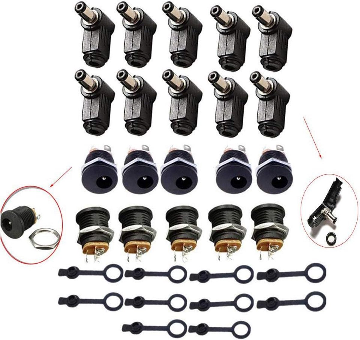 SnelShoppen - 12V DC Stekker met 5.5 x 2.1 mm Flush-Montage Socket, 10 Sets, Hoogwaardige Plug voor DIY Projecten, Rechte en 90 Graden Aansluiting