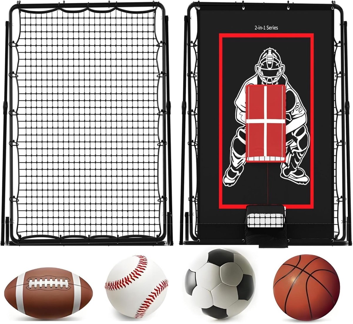 2-in-1 dubbelzijdig trainingsnet voor honkbal en softbal – Verstelbaar werp- en vangnet van ijzer en PE – Afmetingen 155x121x103 cm – Draagbaar multisportnet, eenvoudig te monteren voor in de tuin