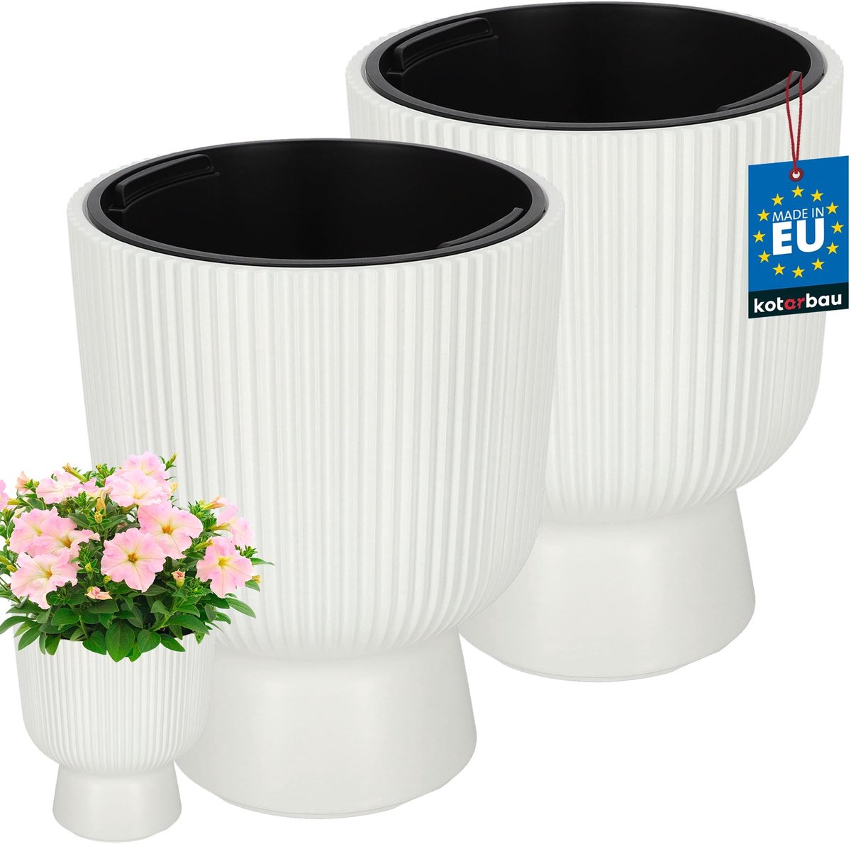 KOTARBAU® 2 Stuks - Bloempot - Plantenpot Ø 23 cm - met Binnenpot - Geribbelde Plantenbak - Plantenpot met Voet - Plantenbak - Kunststof - H: 30 cm - Wit