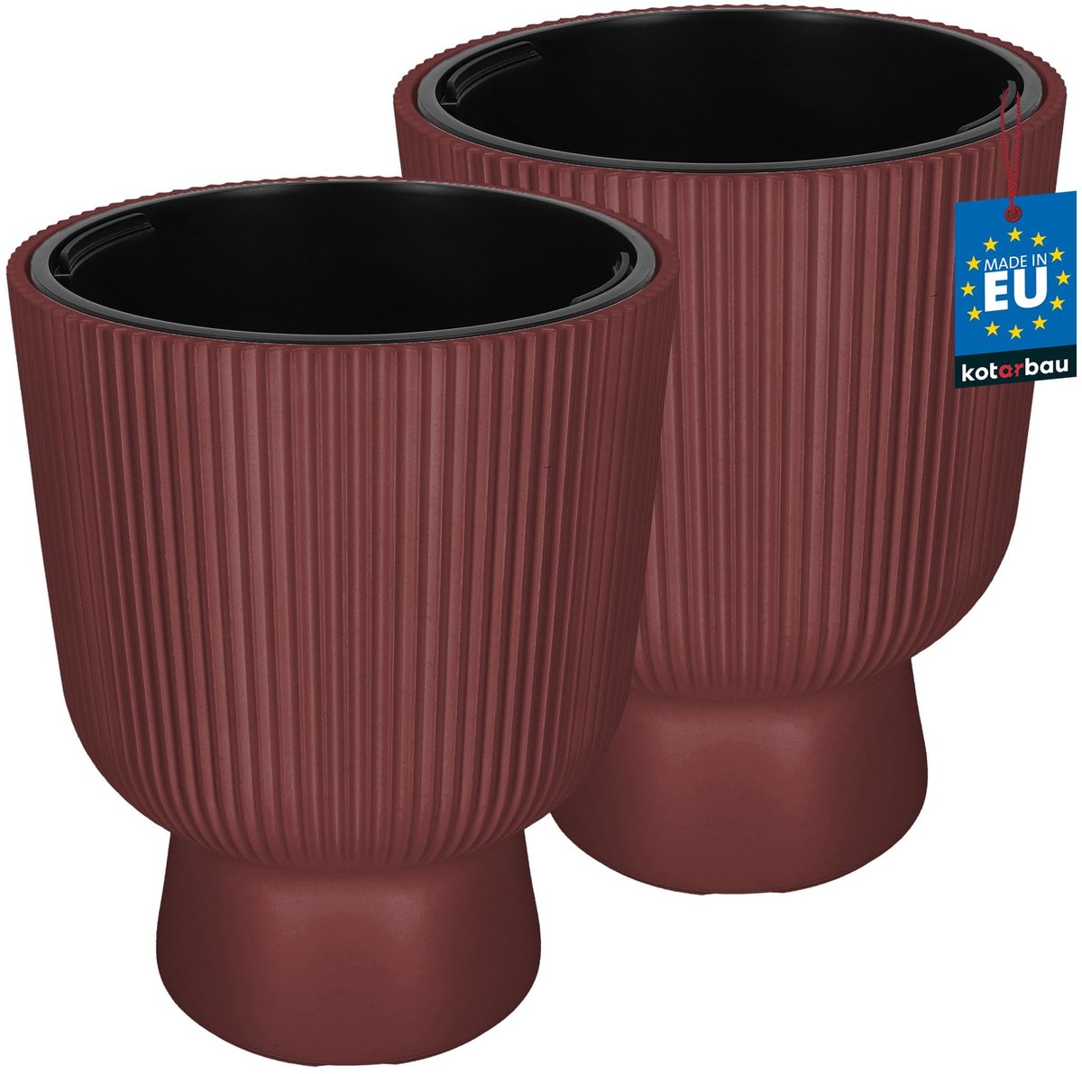 KOTARBAU® 2 Stuks - Bloempot - Plantenpot Ø 39 cm - met Binnenpot - Geribbelde Plantenbak - Plantenpot met Voet - Plantenbak - Kunststof - H: 49 cm - Marsala