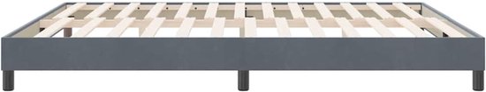 Donkergrijs bedframe zonder matras, met houten lattenbodem en vier zwarte pootjes.