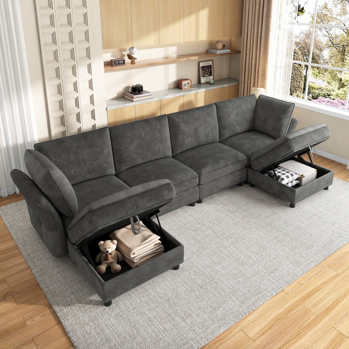 Modulair bankstel - vrij combineerbaar - L/U-vormige hoekbank met opbergpoef - wolkenzacht zitcomfort - 6 zitplaatsen - grijs