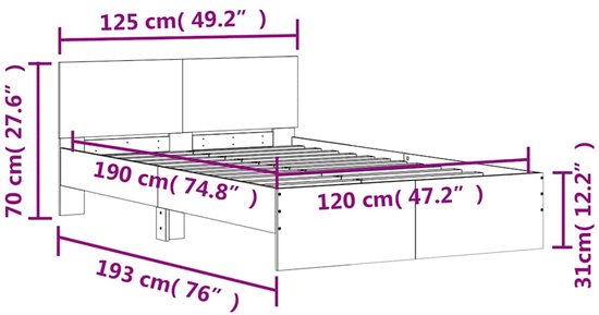 Technische tekening van een grijs sonoma eiken bedframe met afmetingen in cm en inches.