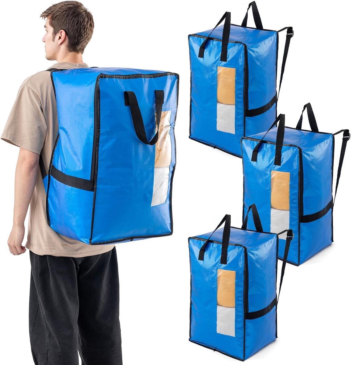 Verticale Verhuiszakken met Sterke Handvatten en Ritsen - Ideaal voor Kledingopslag, Waszakken en Reizen (Blauw, 4 Stuks)