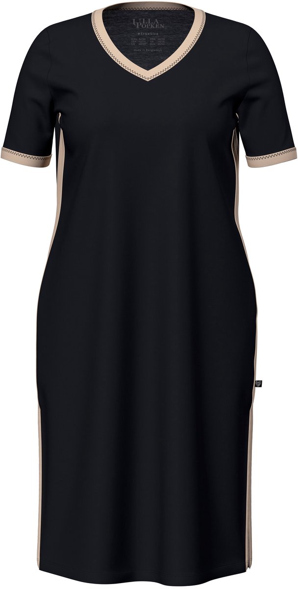Ulla Popken - Dames - Nachthemd strepen decoratieve versiering V-hals korte mouw - Zwart - Maat 50+
