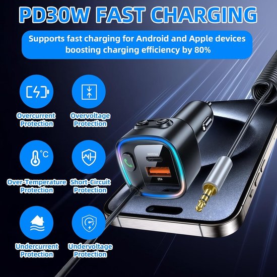 Bluetooth Ontvanger voor Auto - Zwart - 5,4 mm AUX - Snellader met 42 W - Voor Smartphone en Auto — afbeelding 5