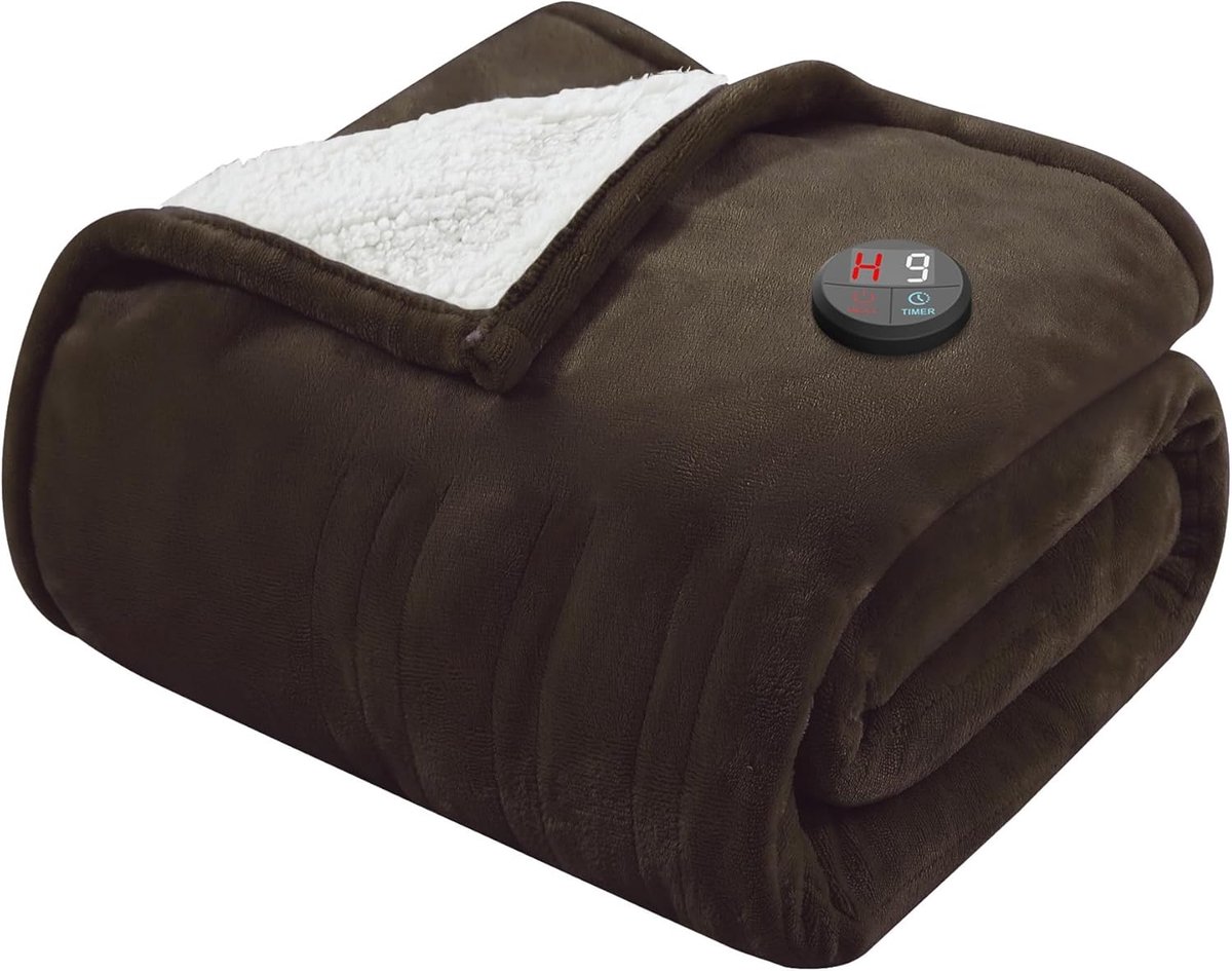 SnelShoppen - GOTCOZY Warmtedeken Elektrische Deken 130 x 180 cm, 10 Warmtestanden, 9-Uurs Auto-Off-Timer, Wasbare Deken Bruin voor Thuis, Kantoor, en