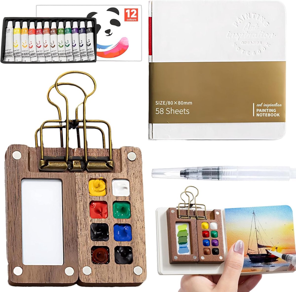Mini palet aquarelset 12 kleuren - houten palette - inclusief pen - ideaal voor onderweg - ShopVlot