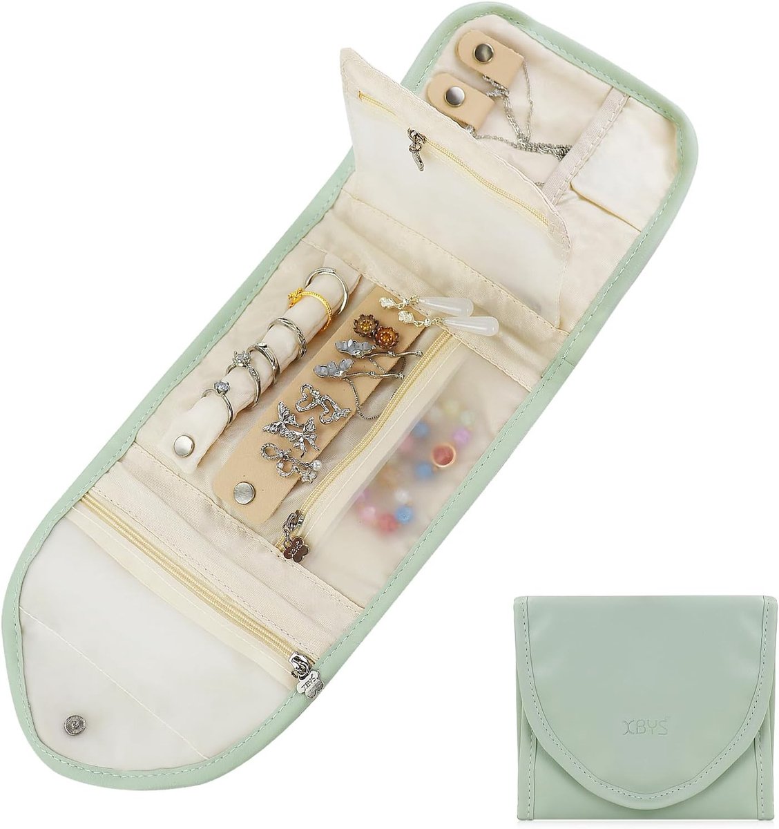 SnelShoppen - Sieraden Opbergzak voor Reizen, Opvouwbare Organiser voor Kettingen, Ringen, Armbanden, Oorbellen, 6 Opbergcompartimenten, Groene Reisac