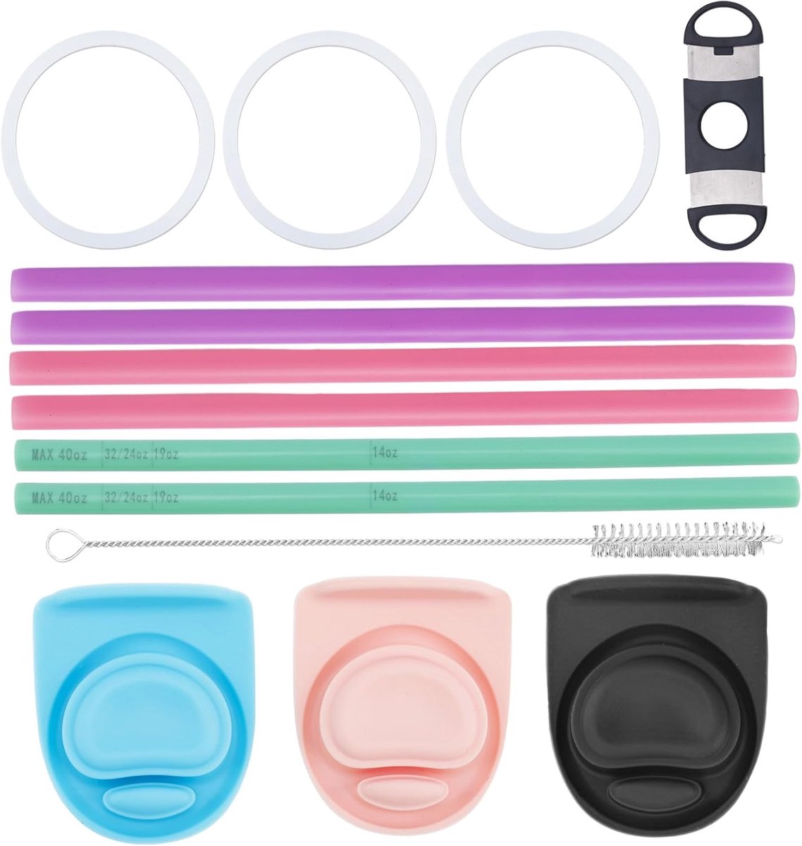 SnelShoppen - 14 Pcs Vervangonderdelen voor Owala Freesip - 3 Ringen, 3 Vervangstoppers, 6 Rietjes, 1 Rietjesklem, 1 Rietjesreinigingsborstel voor Dri