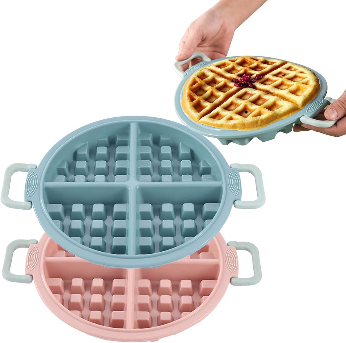 SnelShoppen - Silicone Wafelvorm 4 Cavity - Set van 2 (Blauw en Roze) - Oven- en Magnetronbestendig - Antislip Handvat - Ideaal voor Thuis en Feesten