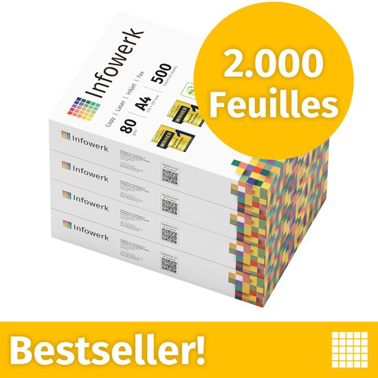 Infowerk A4 80g printerpapier, 2000 vellen, wit, met "Bestseller!" en "2.000 Feuilles" opdruk.