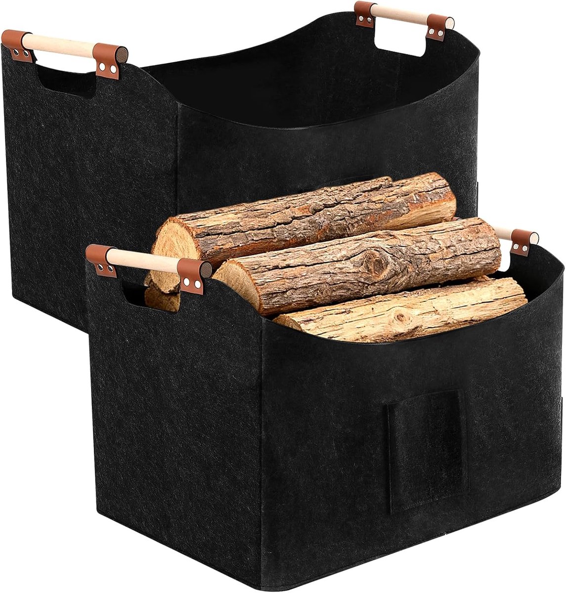 Pack of 2 Wooden Basket for Firewood, Basket with Wooden Handles, 60 x 40 x 40 cm, Firewood Basket for Firewood and - ShopVlot