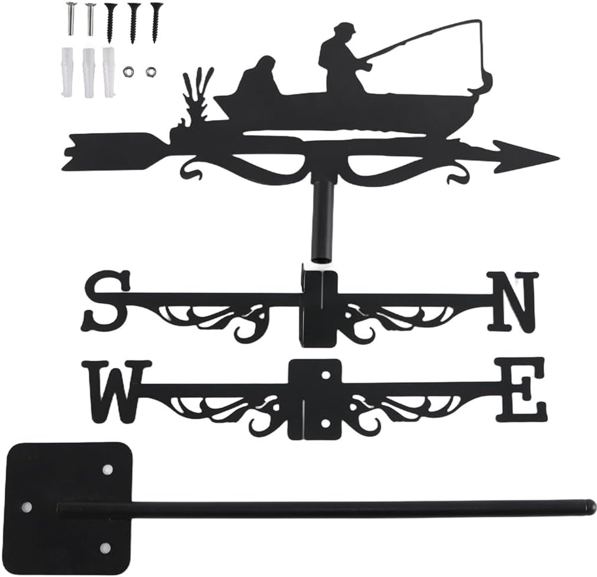 SnelShoppen - Retro Tuin Windwijzer met Vissersculptuur, Zwart Metaal, Weerbestendig en Roestvrij, Decoratie voor Thuis, Garage, Schuur en Boerderij