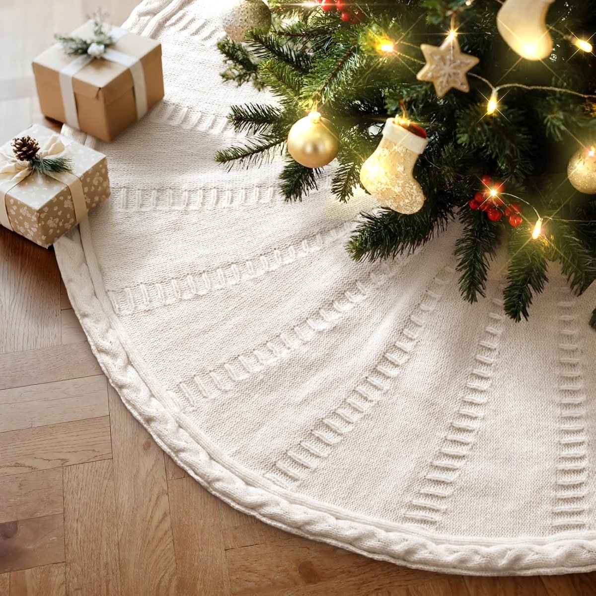 SnelShoppen - Gebreide Kerstboomrok 40 cm, Kabelgebreide Kerstboommat voor Kleine Mini Potlood Slanke Kunstbomen, Rustic Kerstdecoratie voor Binnen, F