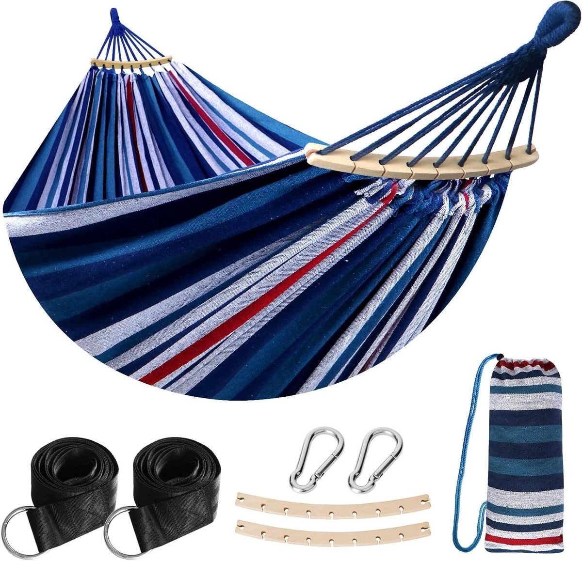 Katoenen Hangmat - Outdoor Hangmat - Ontspannen Buiten - Inclusief Draagtas - 210x150 cm - Blauw Rood Wit