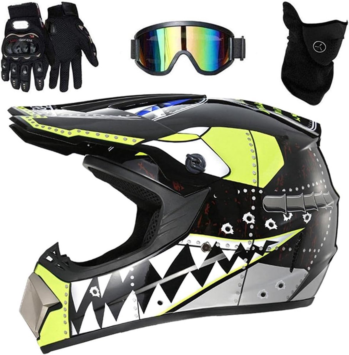 SnelShoppen - Integraal motorcrosshelm volwassenen, professionele motorcrosshelm met vizier, handschoenen en mountainbikehelm set, zwart, voor motorcr