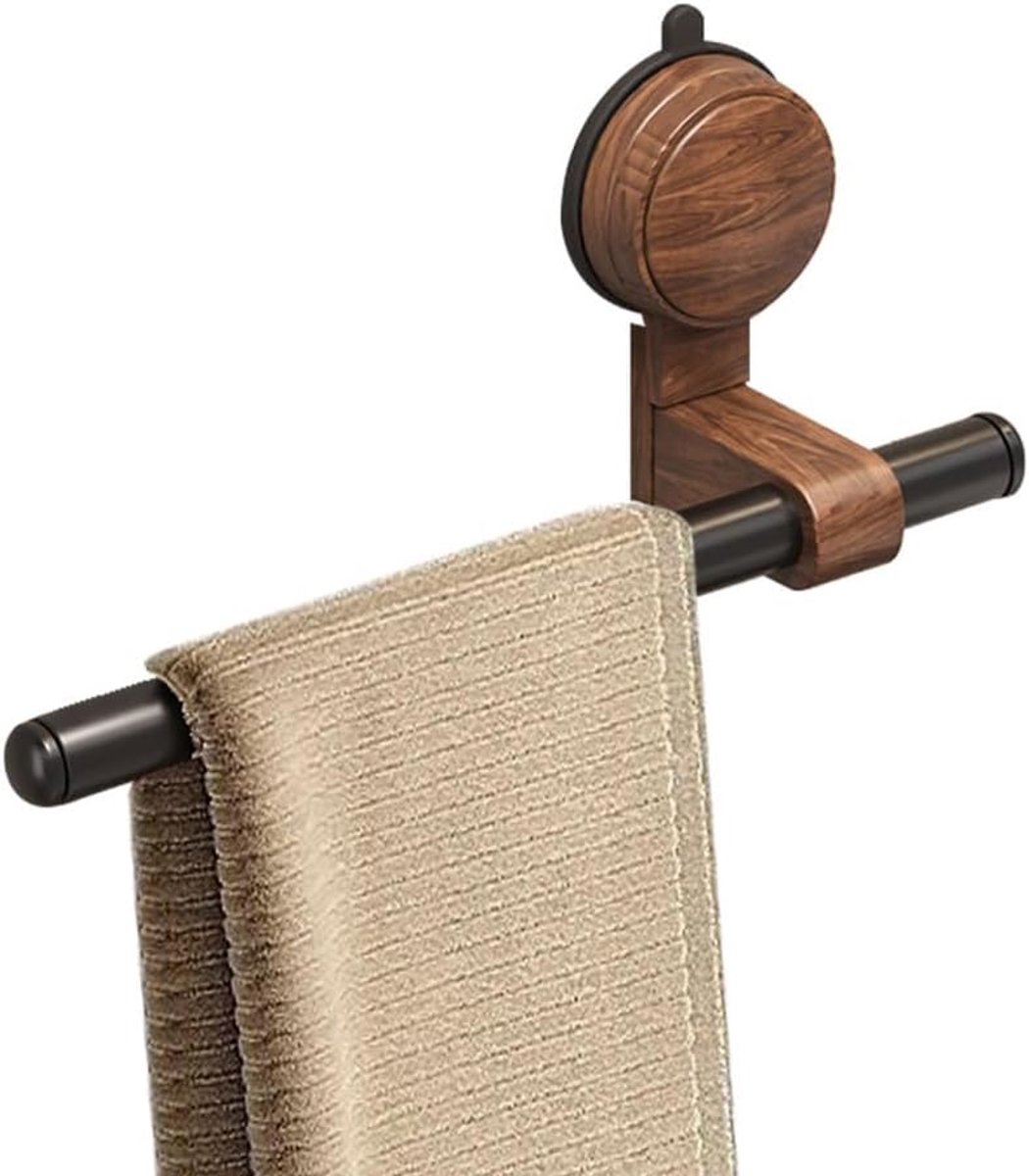 SnelShoppen - Towel Holder met Zuignap - Wand Towel Rail in Lijnvorm - Handdoekhouder zonder Boren - Gemaakt van Walnoot Hout met Verstelbare Stang -