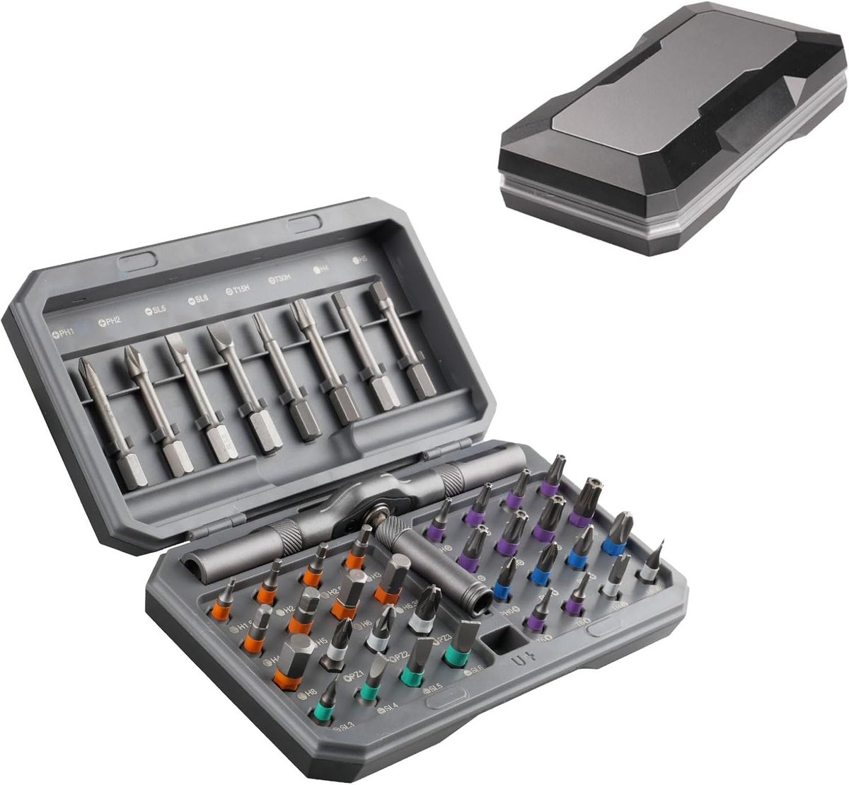 SnelShoppen - 42-in-1 Magnetische Schroevendraaier Set, Multifunctionele Schroevendraaier met 40 Precisie Bits, Grijze Ratchet Mechanisme, Verwijderba
