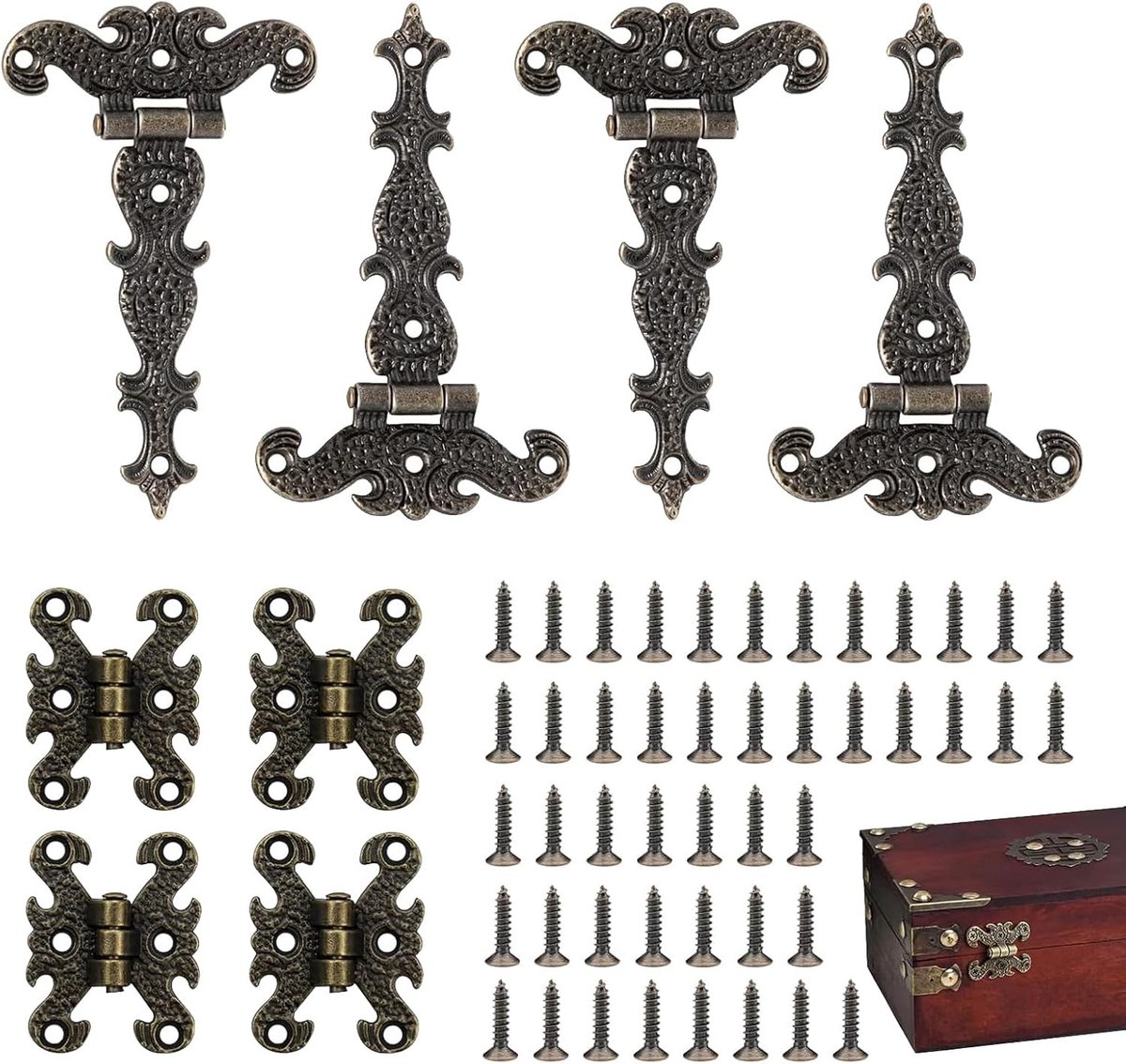 Retro Latch Clasp Set van 8, Antieke Scharnieren voor Meubels, Vintage Bronzen T Scharnieren voor Houten Deuren en Kasten