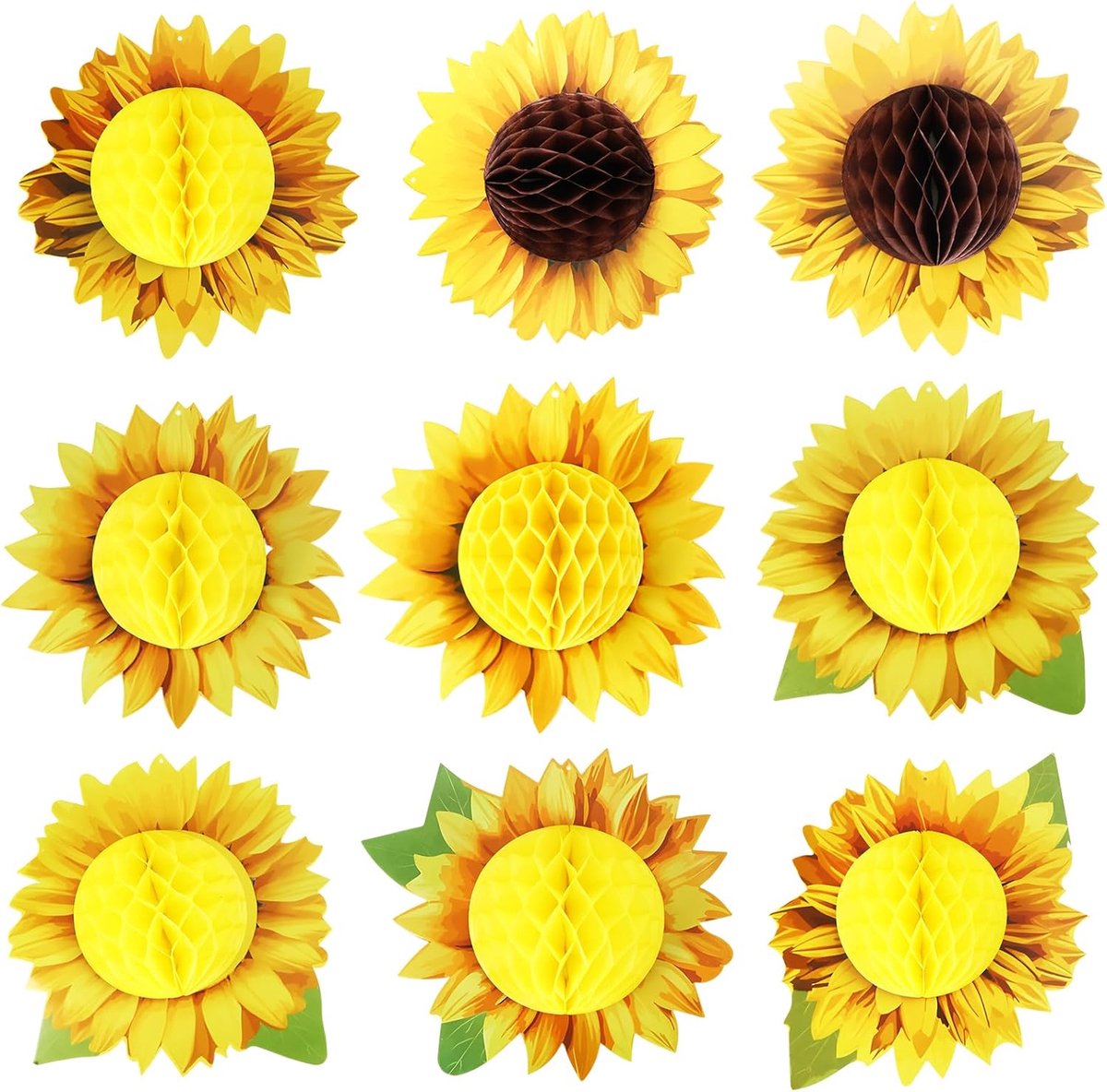 SnelShoppen - 9-delige Zonnebloem Honeycomb Decoratieset, Hangende Papieren Fans en Honeycomb Ballen in Oranje Geel voor Verjaardag Babyshower Tuinfee