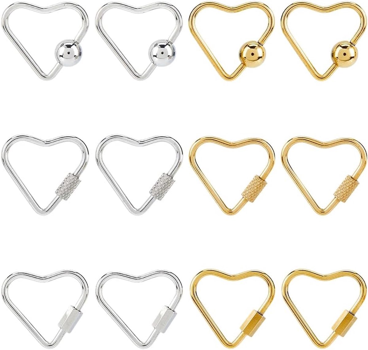 SnelShoppen - Pack van 12 RVS Karabijnhaken, 6 Stijlen, Schroefdop, Hart Ontwerp, Gunmetal en RVS, Sleutelhangers en Accessoires