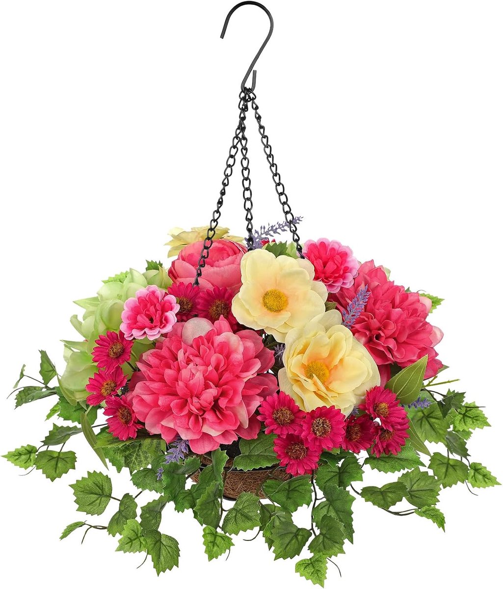 SnelShoppen - Hangende Kunstbloemen in Kokosnootmand - Pioenrozen, Madeliefjes, Paarse Wilde Bloemen, Lavendel - Perfecte Bloemendecoratie voor Binnen