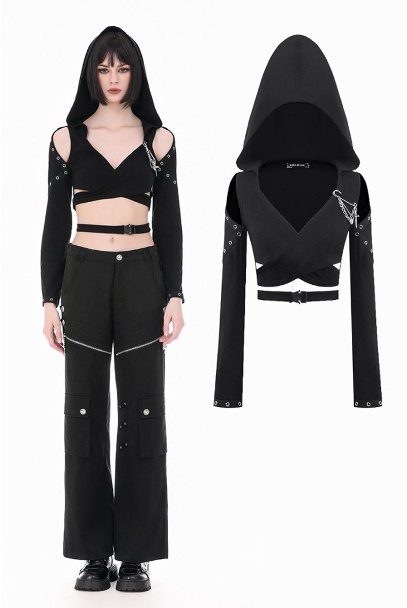 Dark in Love - Punk DarkWear Hooded with ColdShoulder and Metallic PinChain Accents Crop top - S - Zwart