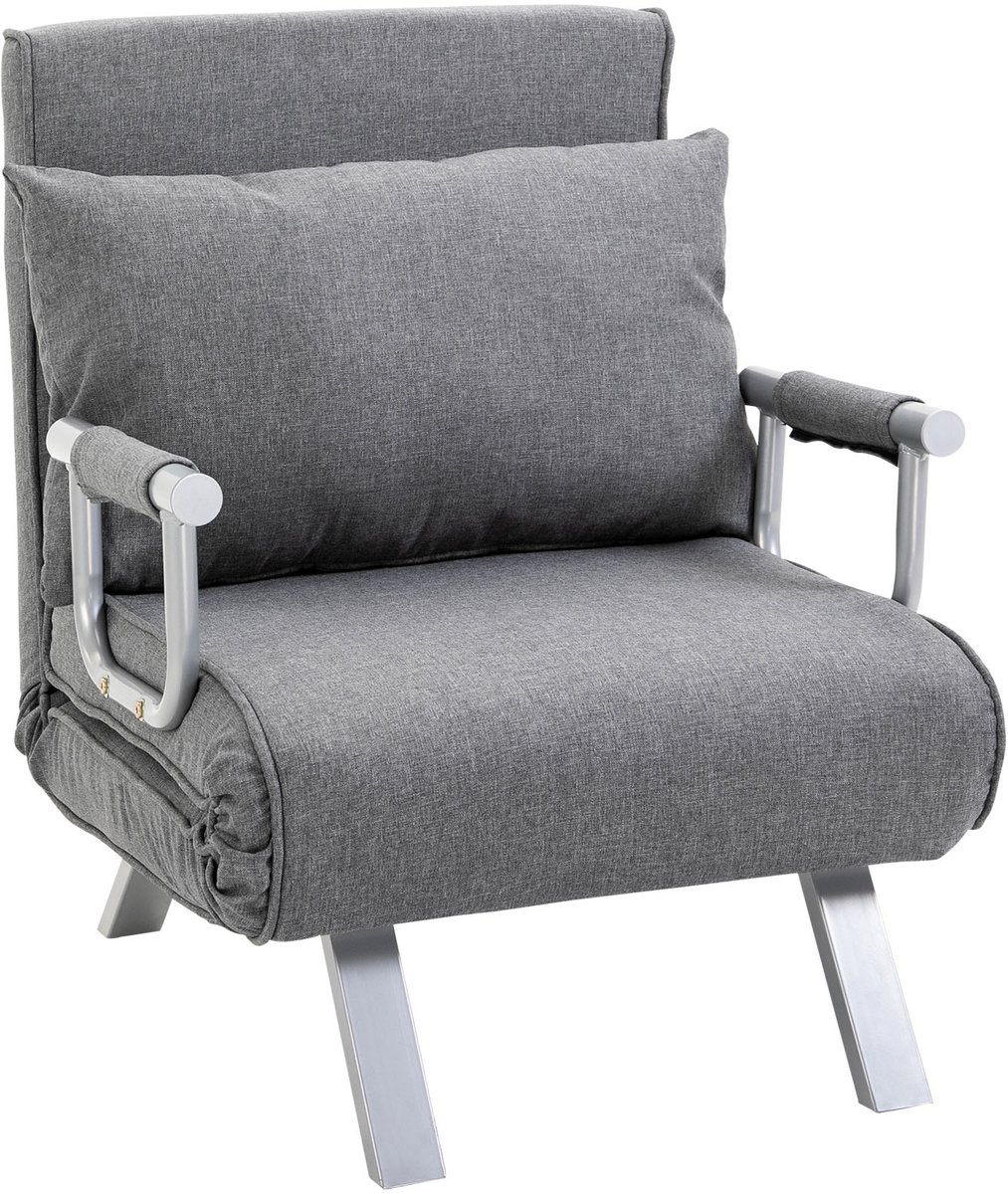 Convertible slaapbank/fauteuil, 1-zits, afneembare hoes, comfortabel kussen, metalen poten en armleuningen, lichtgrijs linnen | Afneembare hoes, hoog comfort, kussen, armleuningen van metaal