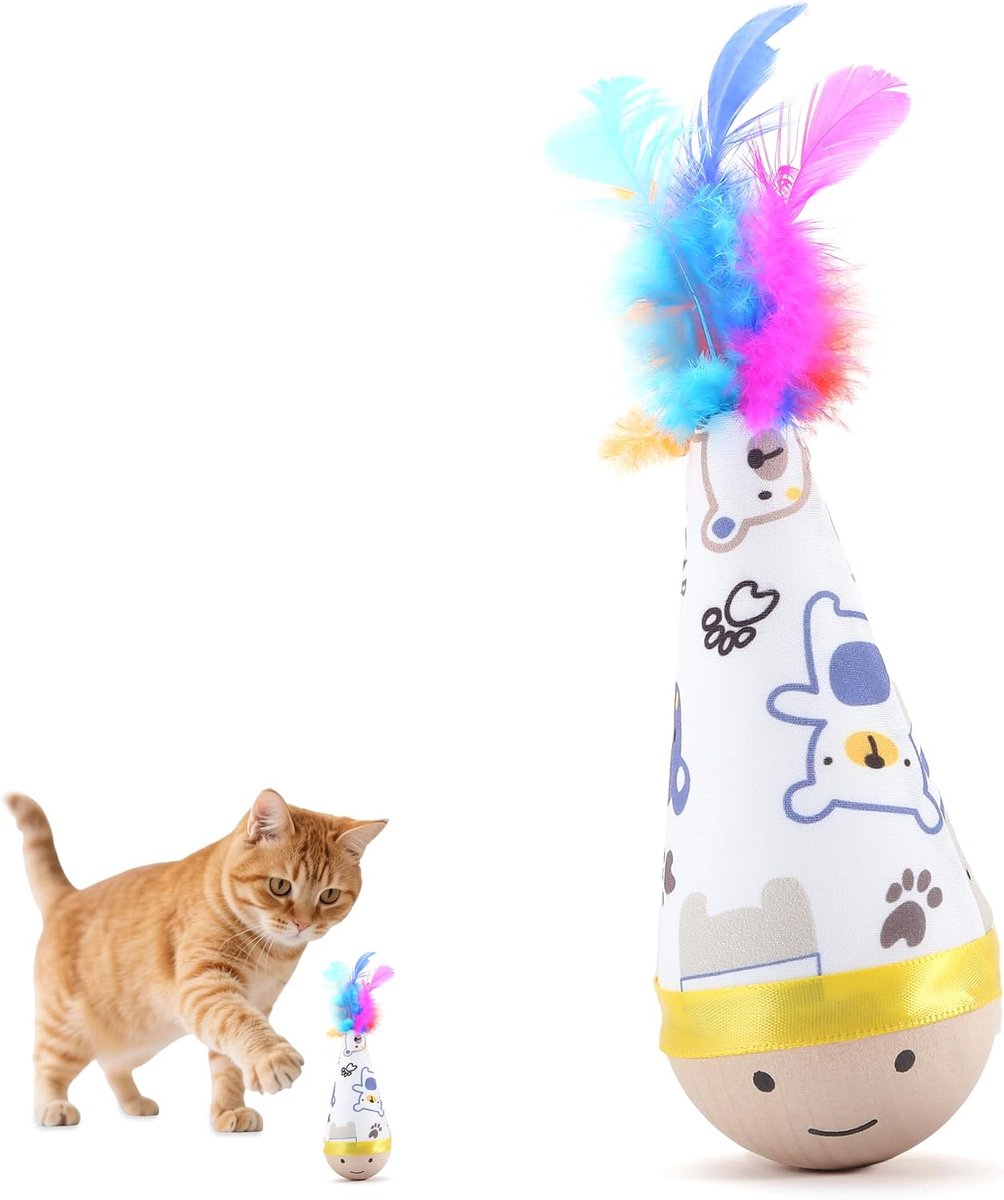 Kattenspeelgoed - Kattenspeelgoed intelligentie - Kattenspeelgoed interactief - Kattenspeelgoed met Veren en Belletje – Interactief Katten Speeltje met Stevige Houten Voet - Stabiel en Duurzaam