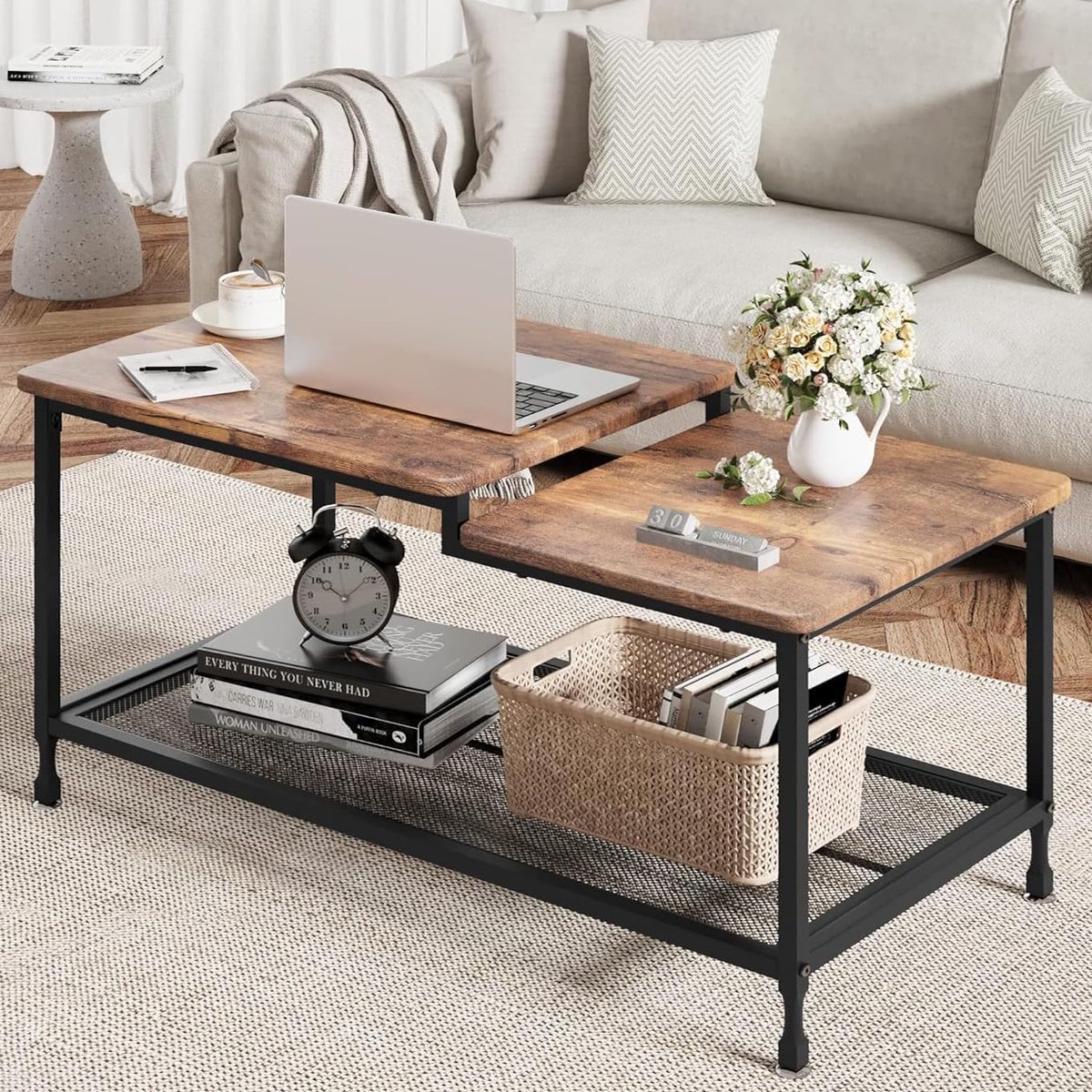 Industriële Salontafel - 100 cm - Rustiek Bruin & Zwart Metaal - 2 Niveaus met Gaasrooster - Robuuste Salontafel voor Woonkamer & Kantoor