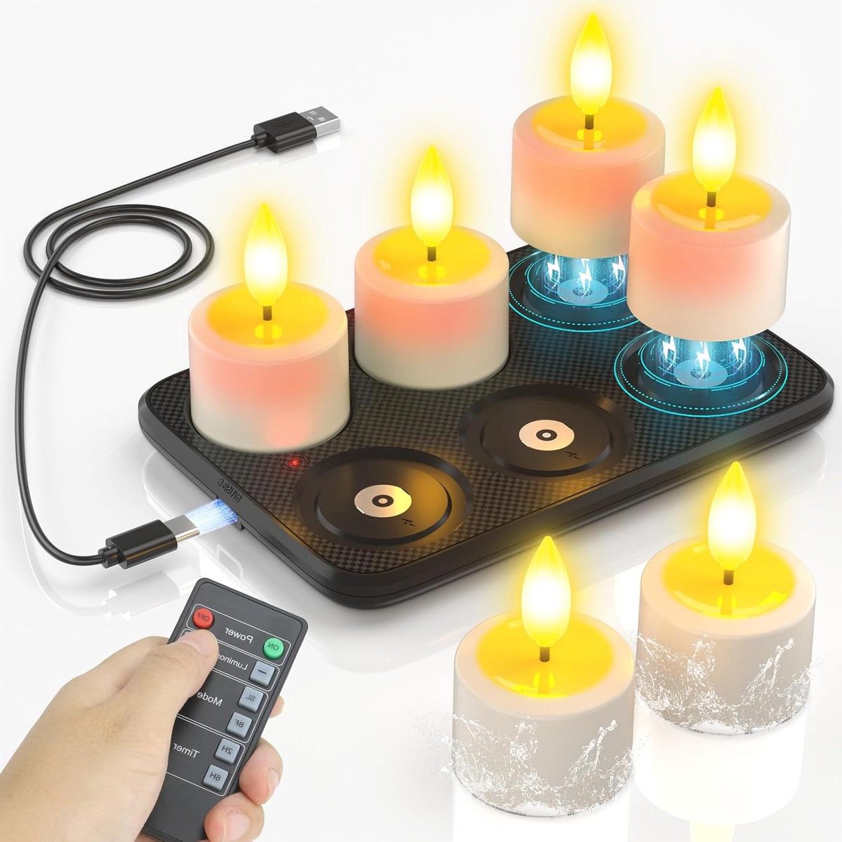 Oplaadbare Theelichtjes - Led Kaarsen - Decoratie Binnen Buiten - Magnetisch Laadstation - 6 Stuks - Wit