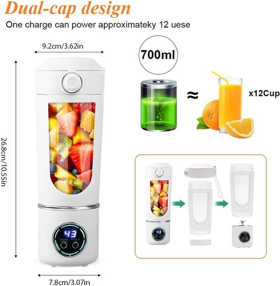 Draagbare mixer, 700 ml, kleine sapcentrifuge, oplaadbare smoothie maker, met 12 roestvrijstalen messen, mini-blender voor smoothies en shakes, persoonlijke blender voor reizen, kantoor, sport (wit) van Merkloos — afbeelding 3