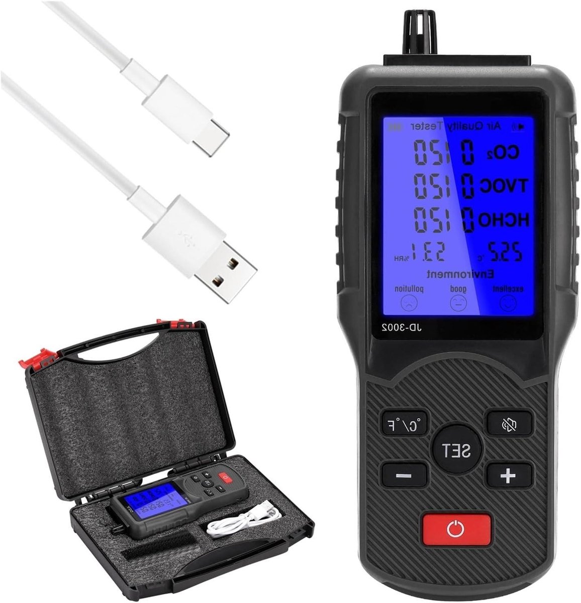 Luchtkwaliteit Tester - CO2 Meter - Thuis Lucht Meten - Multifunctioneel Display - 176x73x29mm - Wit