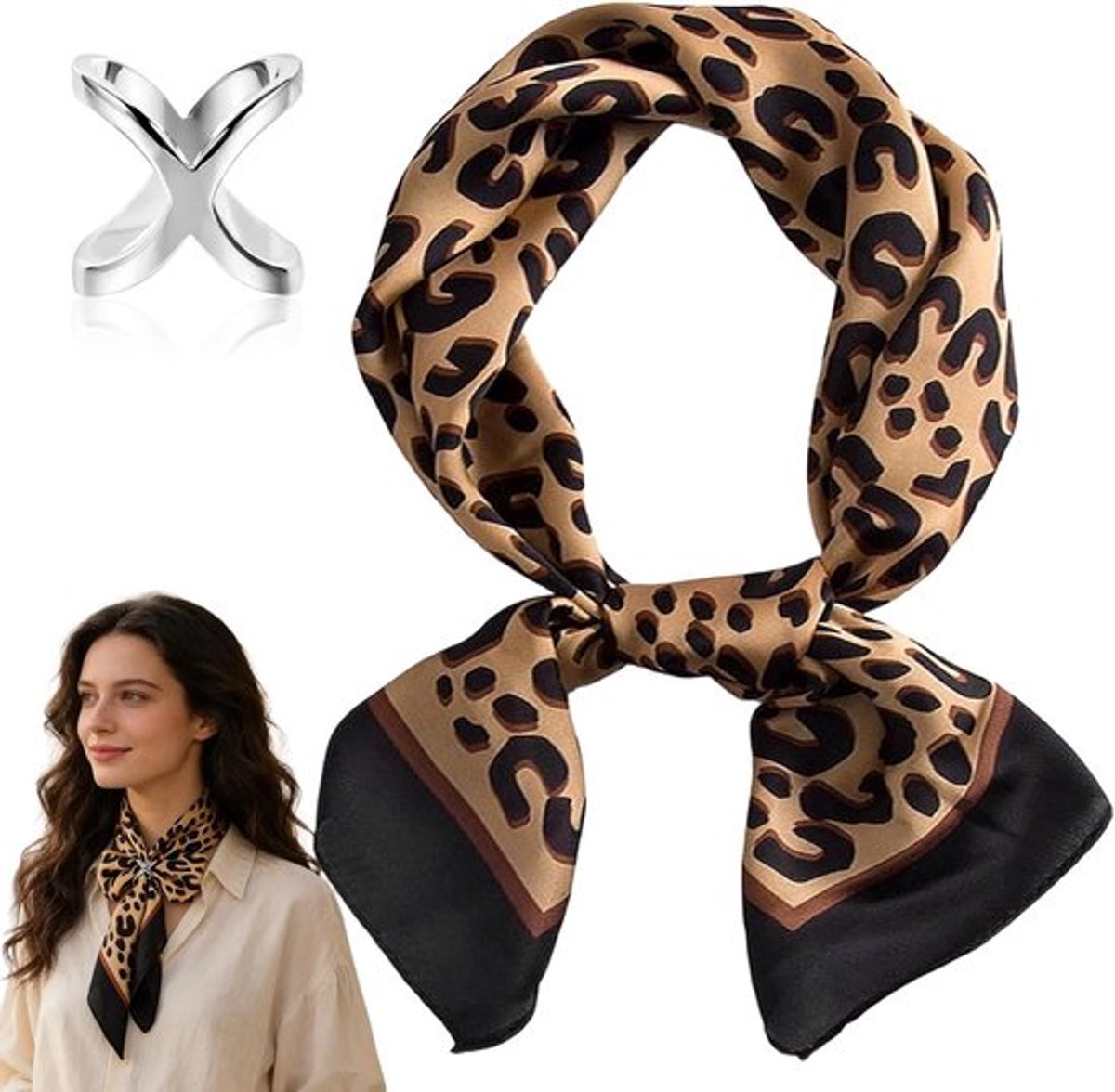 Elegante Grote Vierkante Satijnen Sjaal voor Dames, Luxe Zijden Sjaal met Luipaardprint, Ideaal als Hoofddoek of Neckerchief voor Elke Gelegenheid