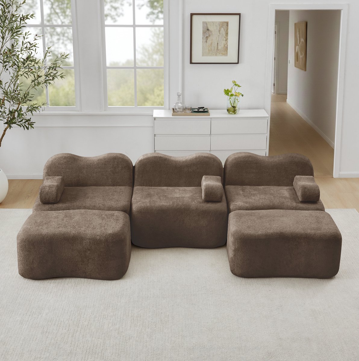MEUNIQ U-bank 3-zits modulair met 2 ottomanen, 288 x 167 x 70 cm, boneless ontwerp, fluweel, diepe zit voor woonkamer, bruin Brown