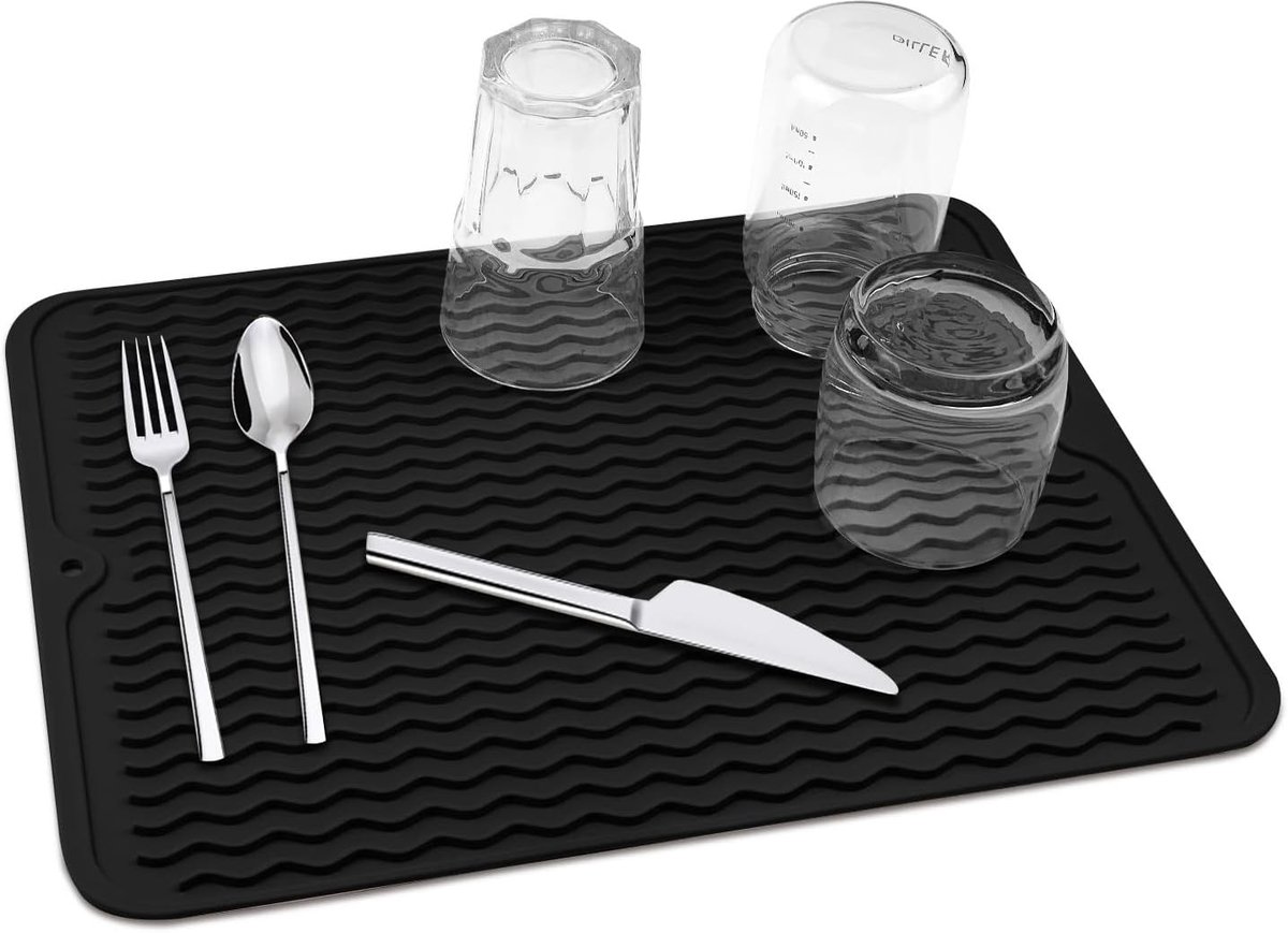 SnelShoppen - Silicone Afvoermat, Antislip, Vaatwasser Afvoermat, Warmtebestendige Silicone, voor Tafel en Keukengerei, 40 × 30 cm, Zwart