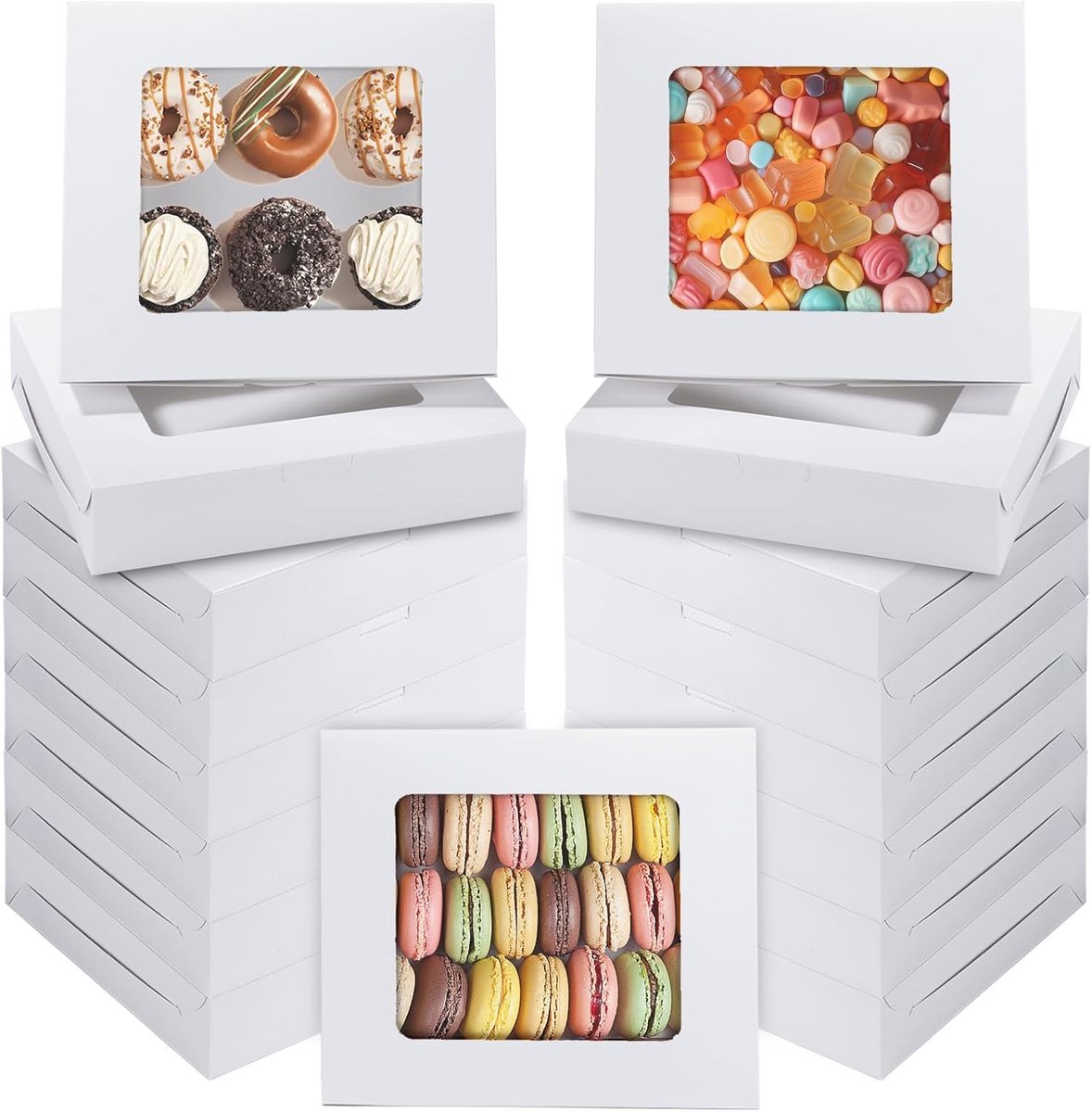 SnelShoppen - 24 Stuks Cake Dozen met Kijkvenster, 25 x 25 x 6.5 cm, Luxe Taartdozen, Karton Wit, Ideaal voor Gebak, Koekjes en Desserts, Verzenddozen