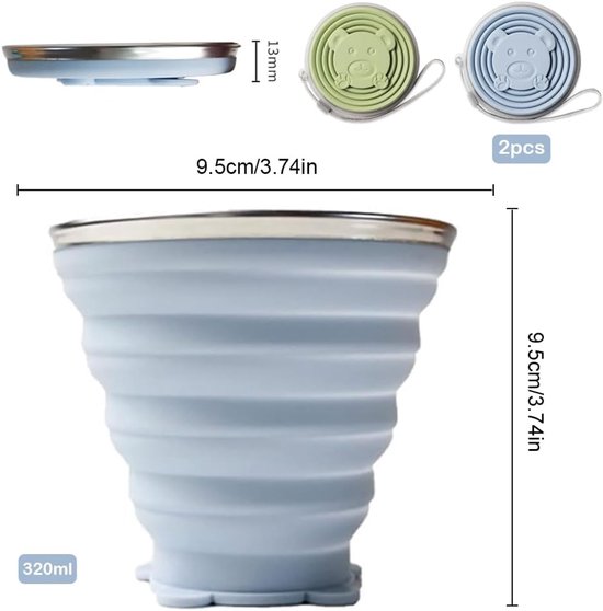 SnelShoppen - 2 Stuks Opvouwbare Siliconen Bekers met Deksel, Herbruikbare Reisbekers, 270ml, Lichtblauw en Matcha Groen, Perfect voor Kamperen, Pickn — afbeelding 5