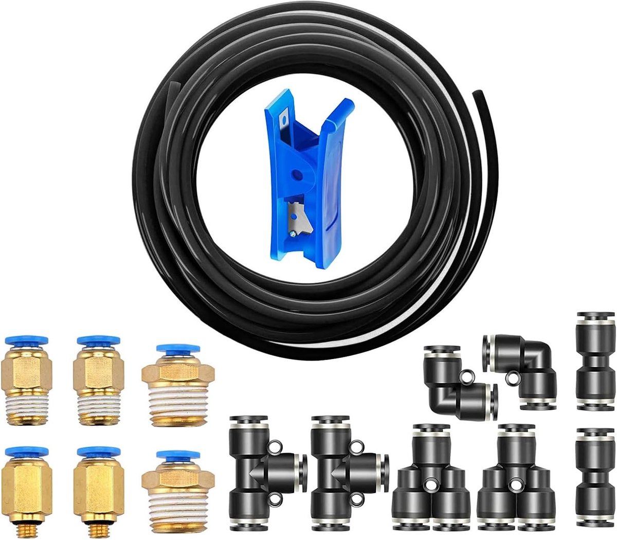 SnelShoppen - Luchtslang PU 4mm OD 2.5mm ID, 10 meter zwart + 14 luchtcompressor snelkoppelingen, hoge druk bestendig, ideaal voor luchtremmen en lang