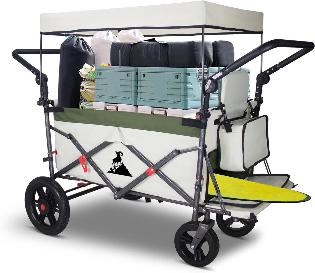 Bolderkar Opvouwbaar - Handwagen Transportwagen - Spullen Vervoeren - Met Dak En Remmen - 120 kg Draagkracht - Groen Beige