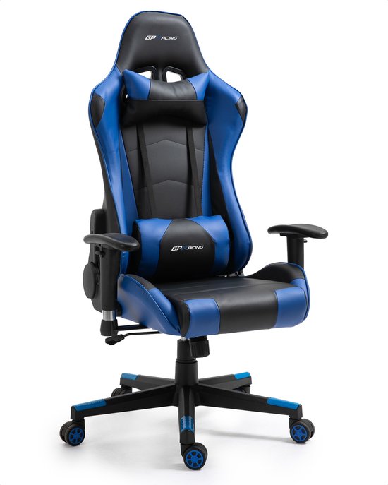 Zwarte en blauwe GPRACING gamestoel met nekkussen en lendekussen, getoond op een witte achtergrond.